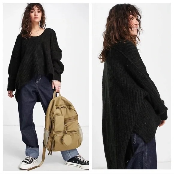 ❗️6-HOUR SALE❗️FREE PEOPLE BOHO SWEATER OVERSIZED COZY BLACK TUNIC PULLOVER A3C - Picture 3 of 13